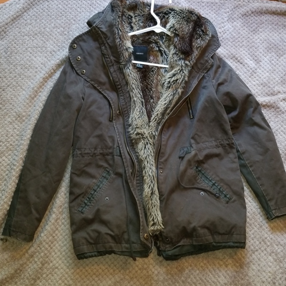 Army green jacket with faux fur